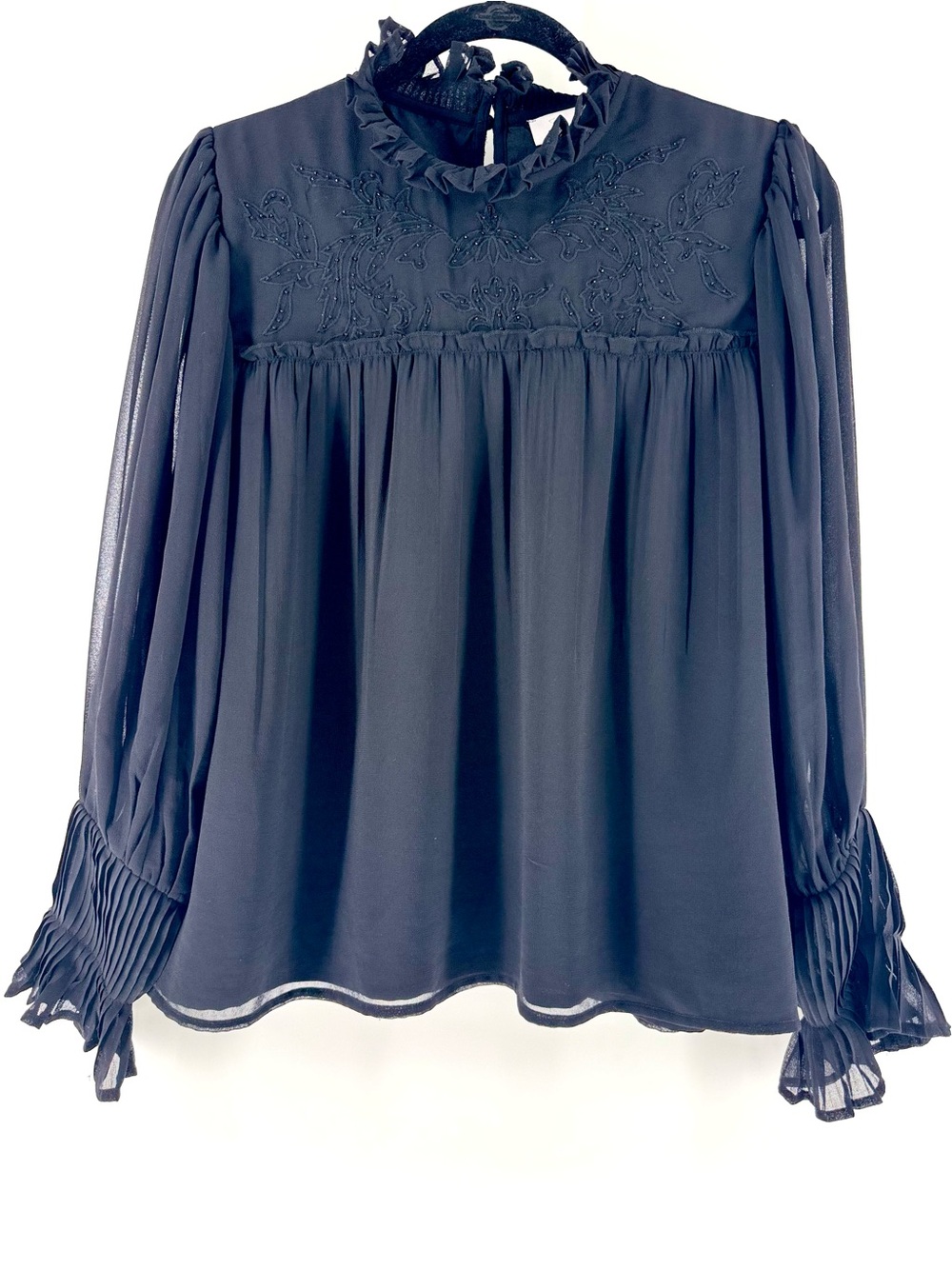 Topshop Black Embroidered Beaded Ruffle High Neck Blouse Chiffon Pleated sz8